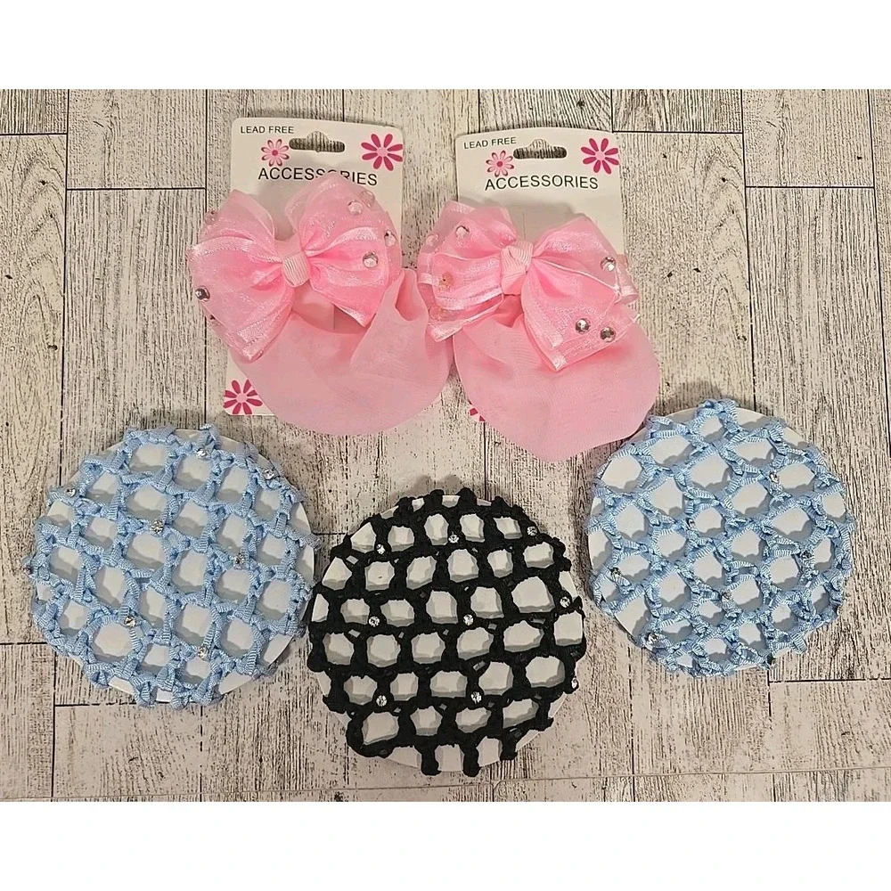 Dance Bun Cover and Snood Bow Ballet Tap Blue Black Pink Lot of 5 NEW